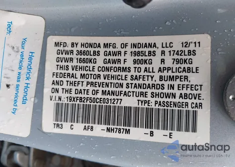 2012 Honda Civic Lx from USA, damaged, VIN 19XFB2F50CE031277